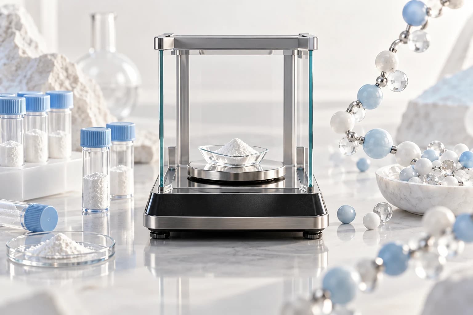 Polished balance beside capped sample tubes and distinct abstract amino acid beads.