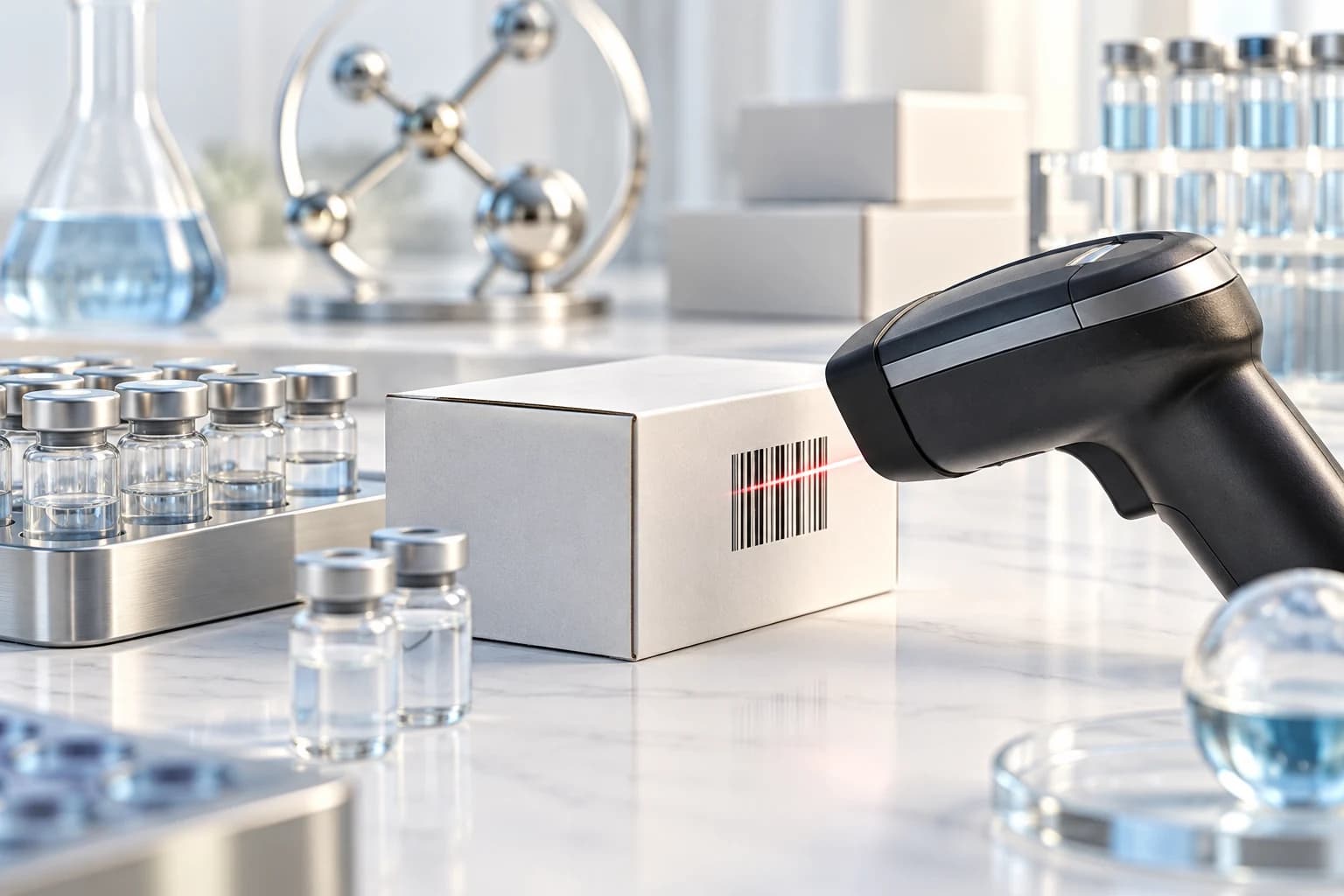 Barcode scanner reading a blank research carton beside neatly arranged reagent vials.