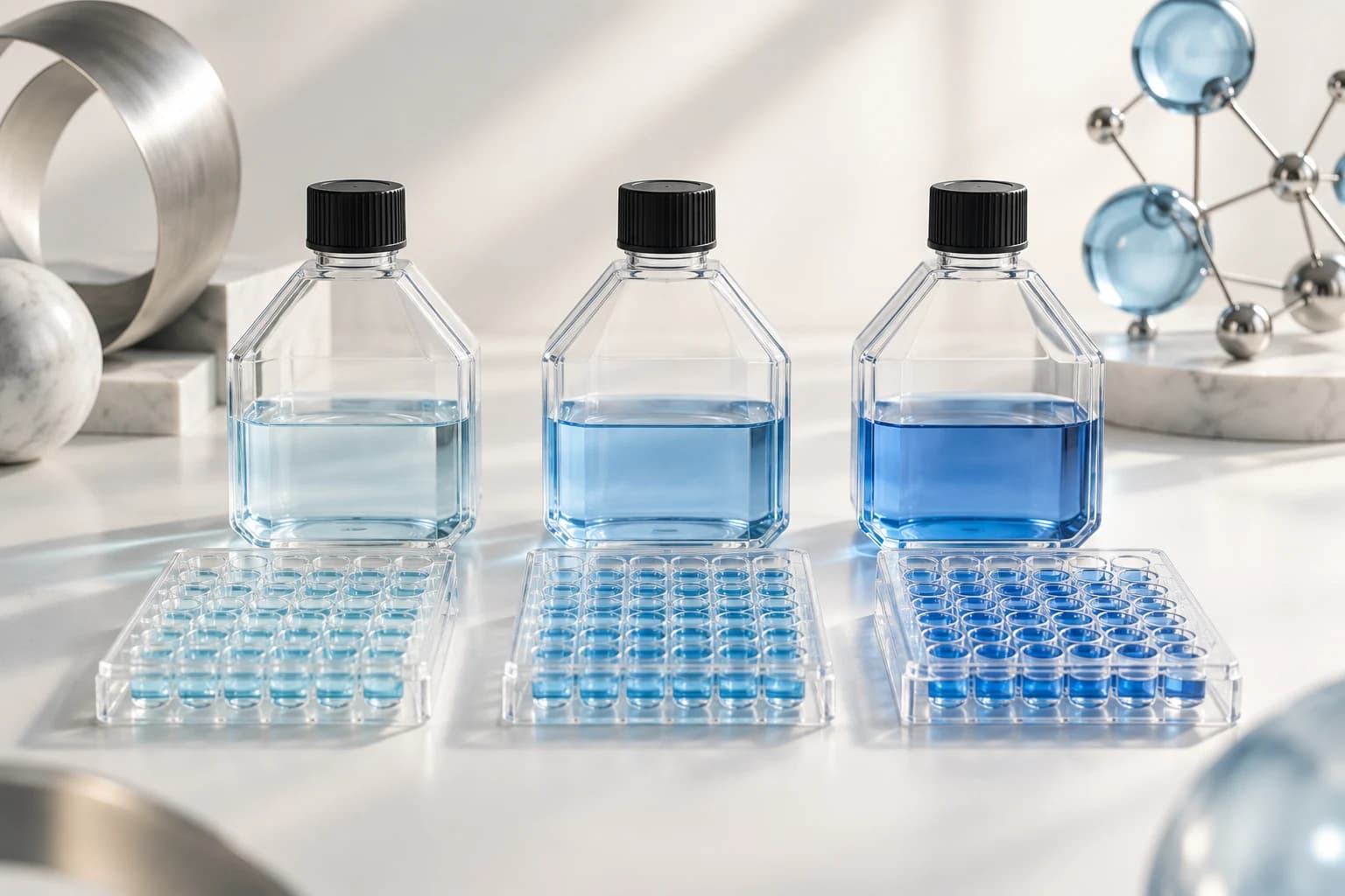 Three culture flasks beside three smaller groups of microplate wells.