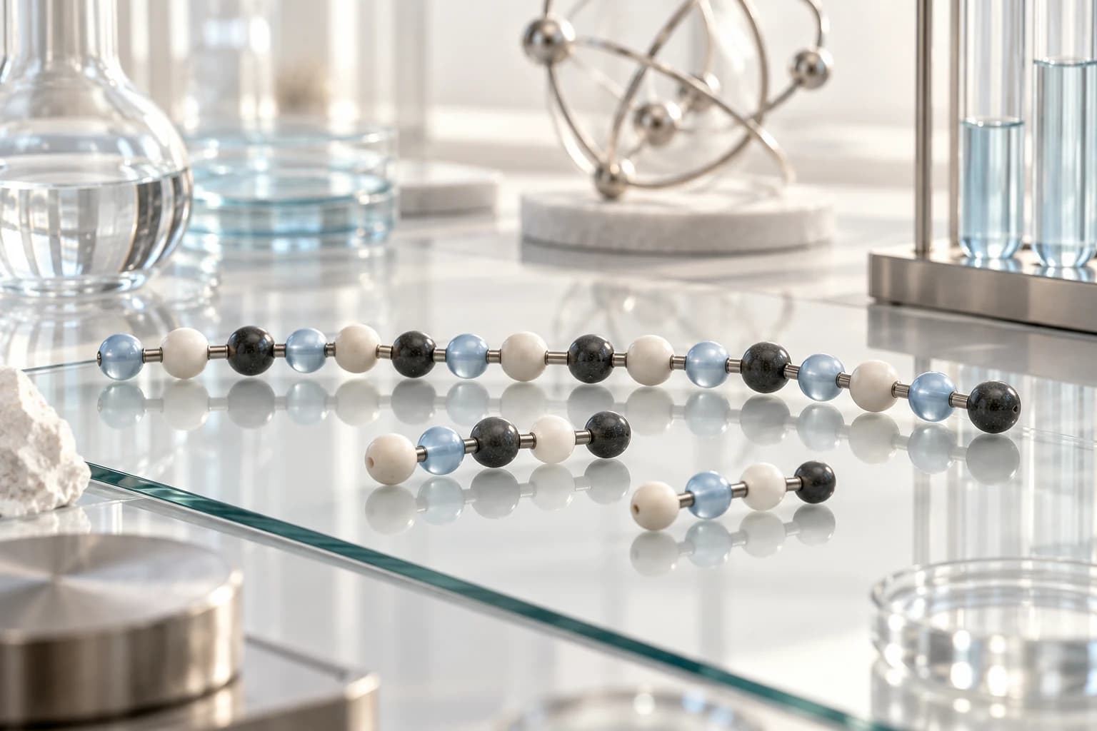 Two short bead chains aligned beside a longer bead sequence on a glass laboratory desk.