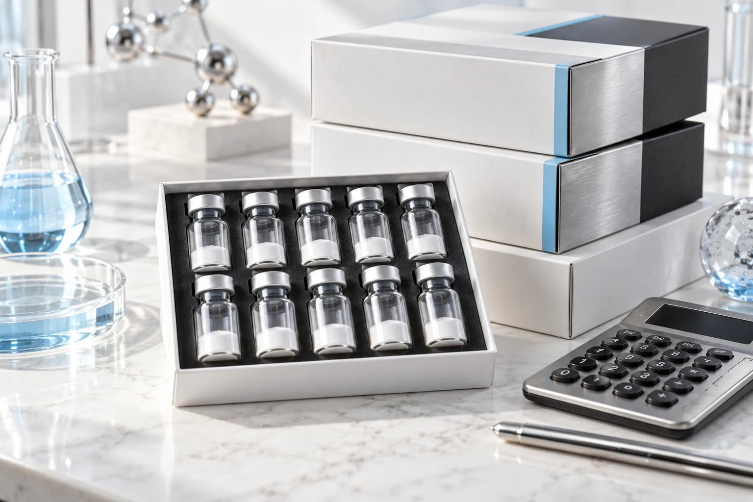 Orderly Kit of ten silver capped clear research vials beside stacked cartons and calculator.