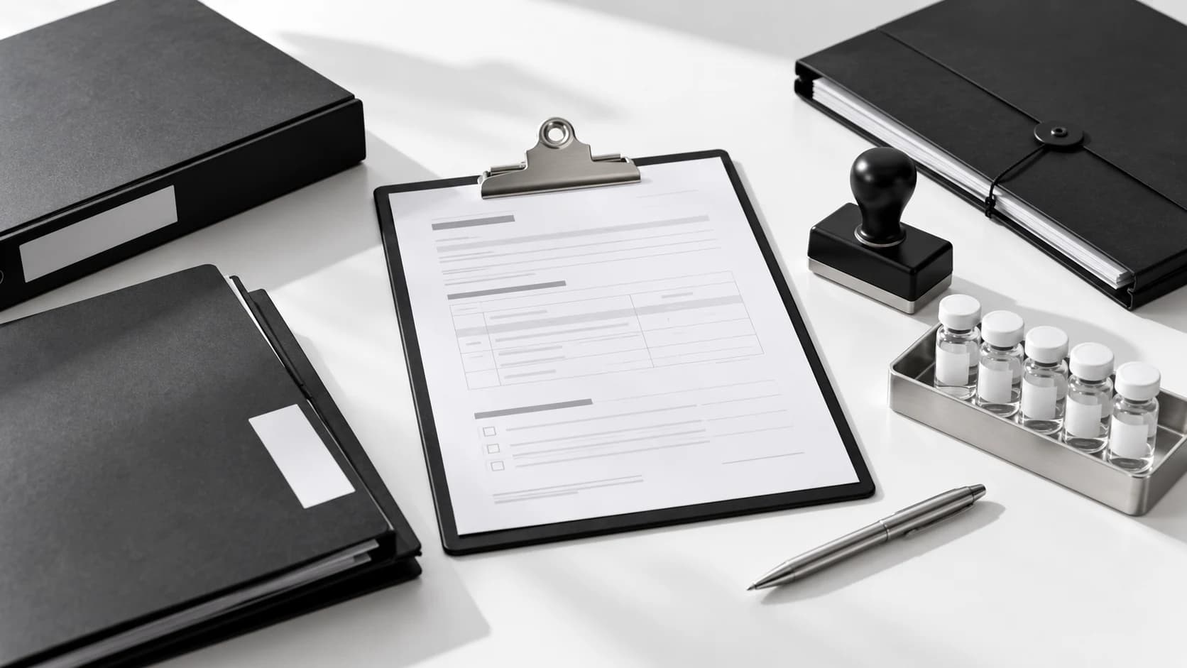 Document folders and a blank approval stamp beside laboratory purchasing records.