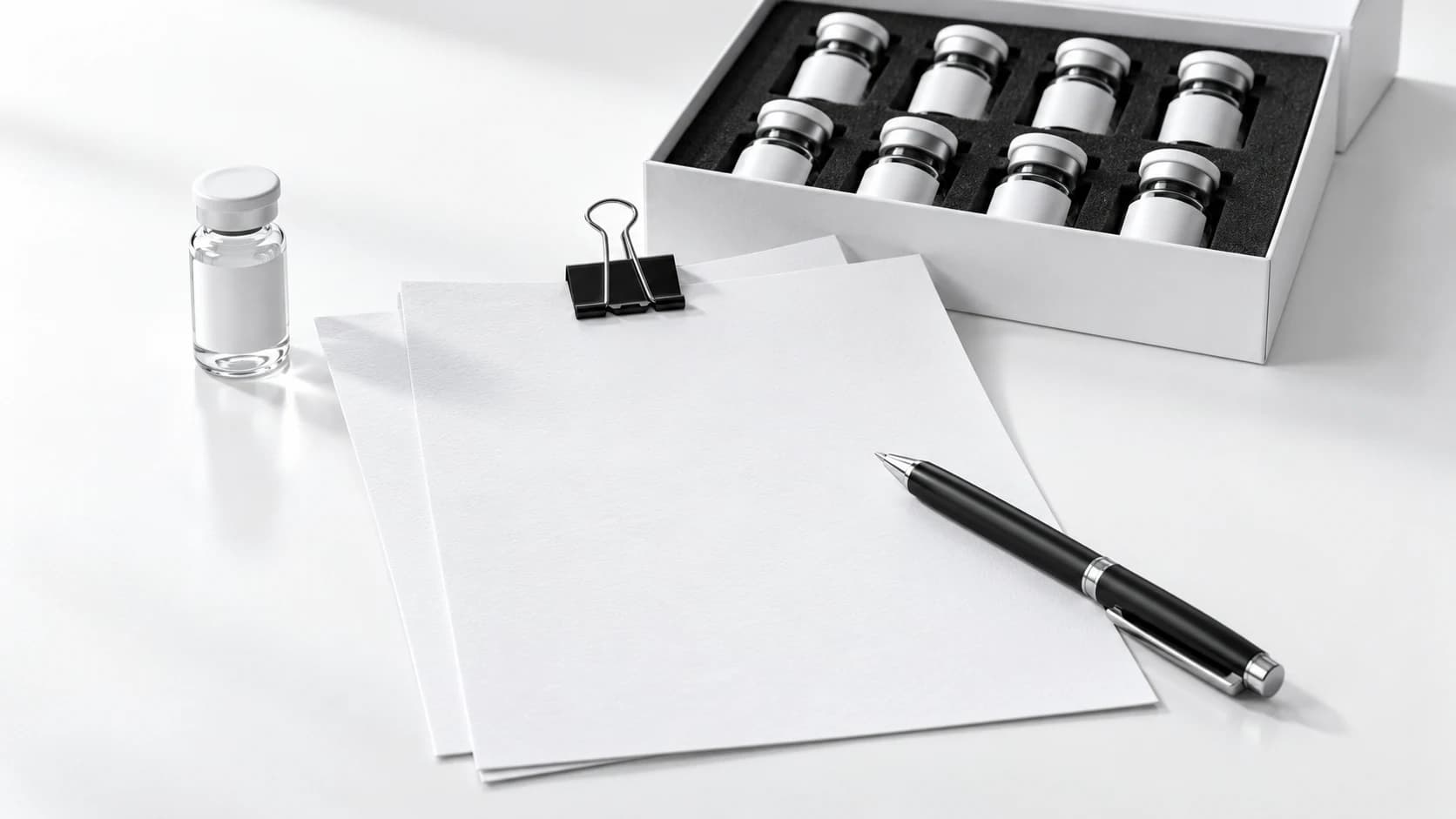 Two overlapping order sheets clipped together beside one research vial Kit.