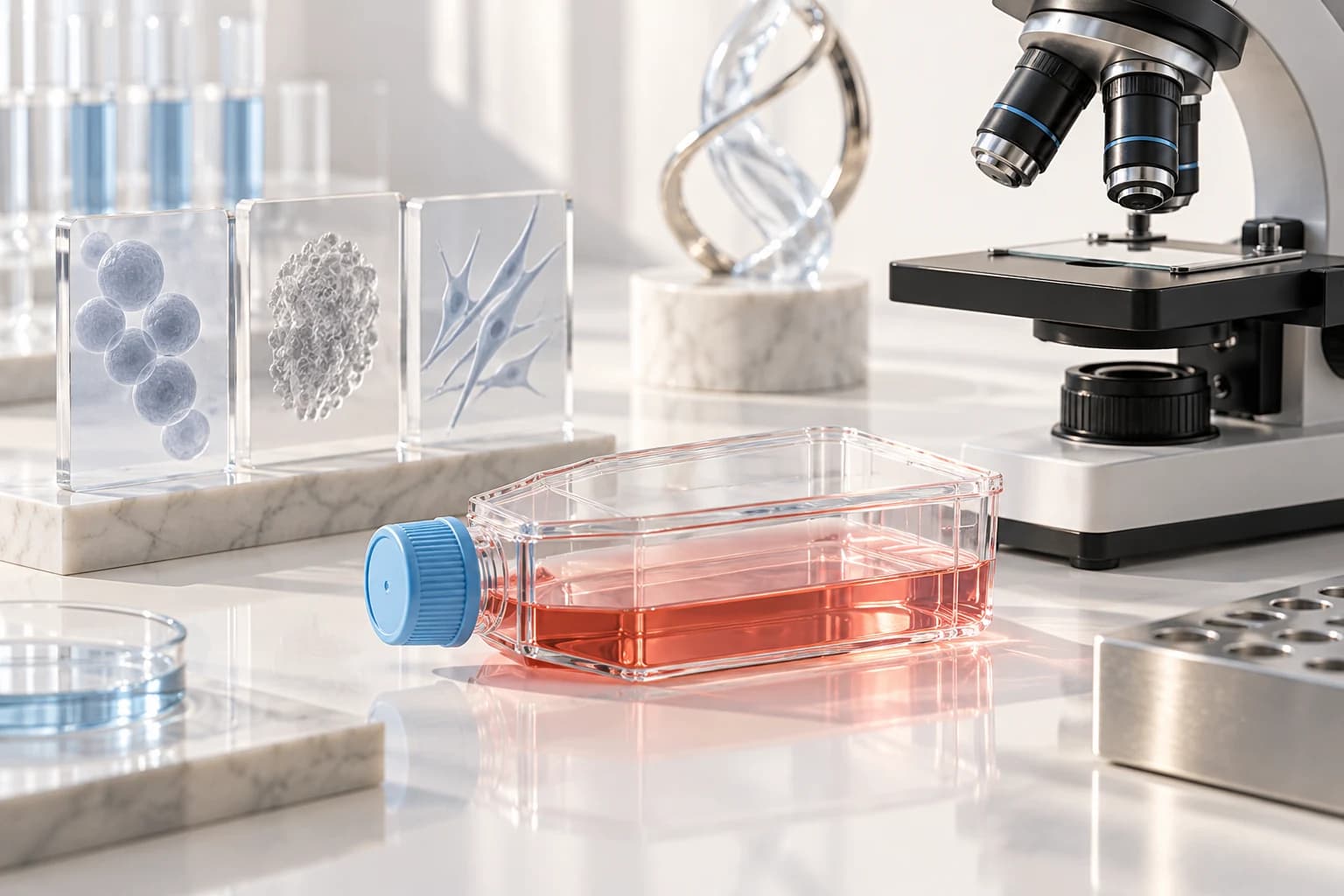 Cell culture flask beside a microscope and abstract identity reference cards.