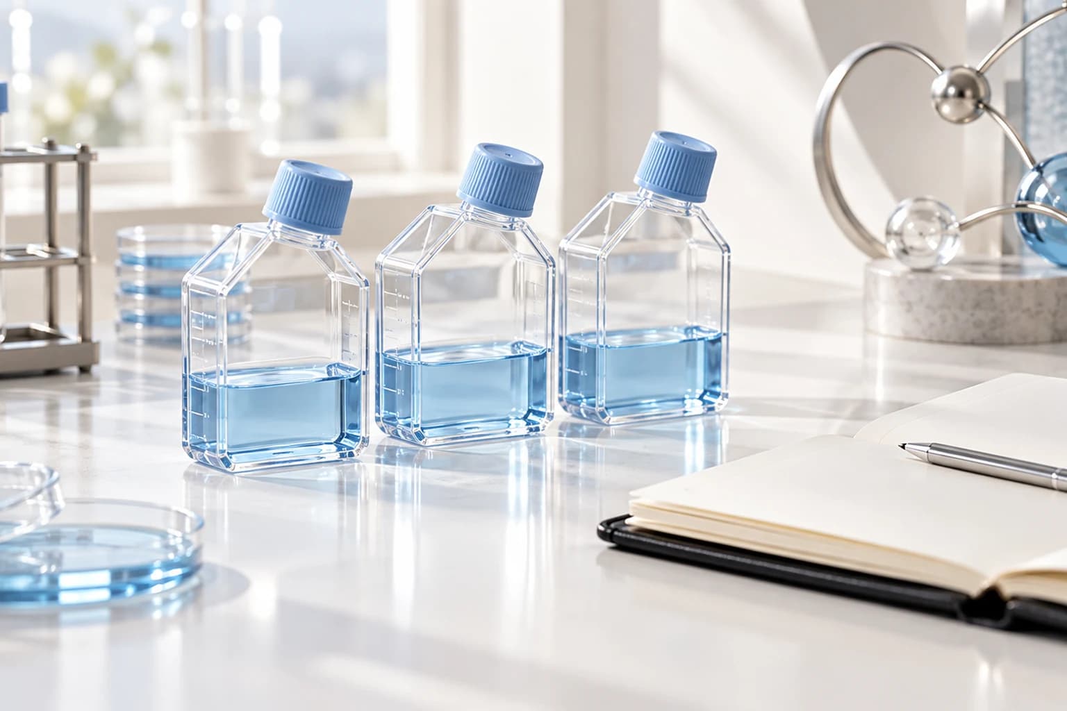 Three cell culture flasks in a row with a clean laboratory notebook.