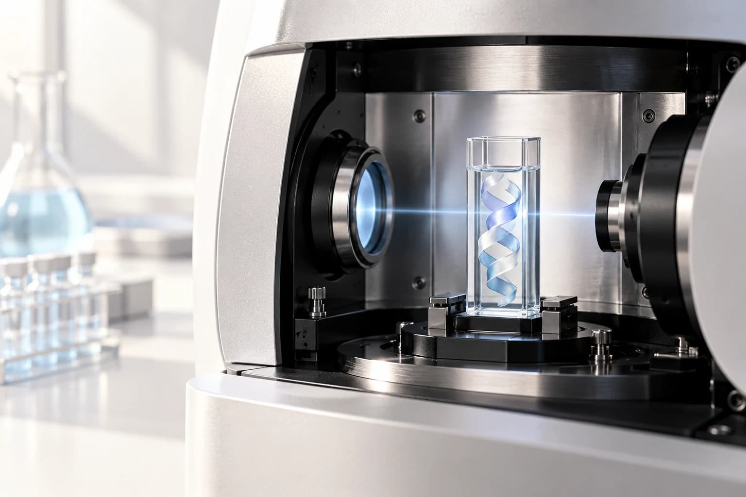 Glass cuvette inside a silver spectrometer with a translucent helical ribbon sculpture.