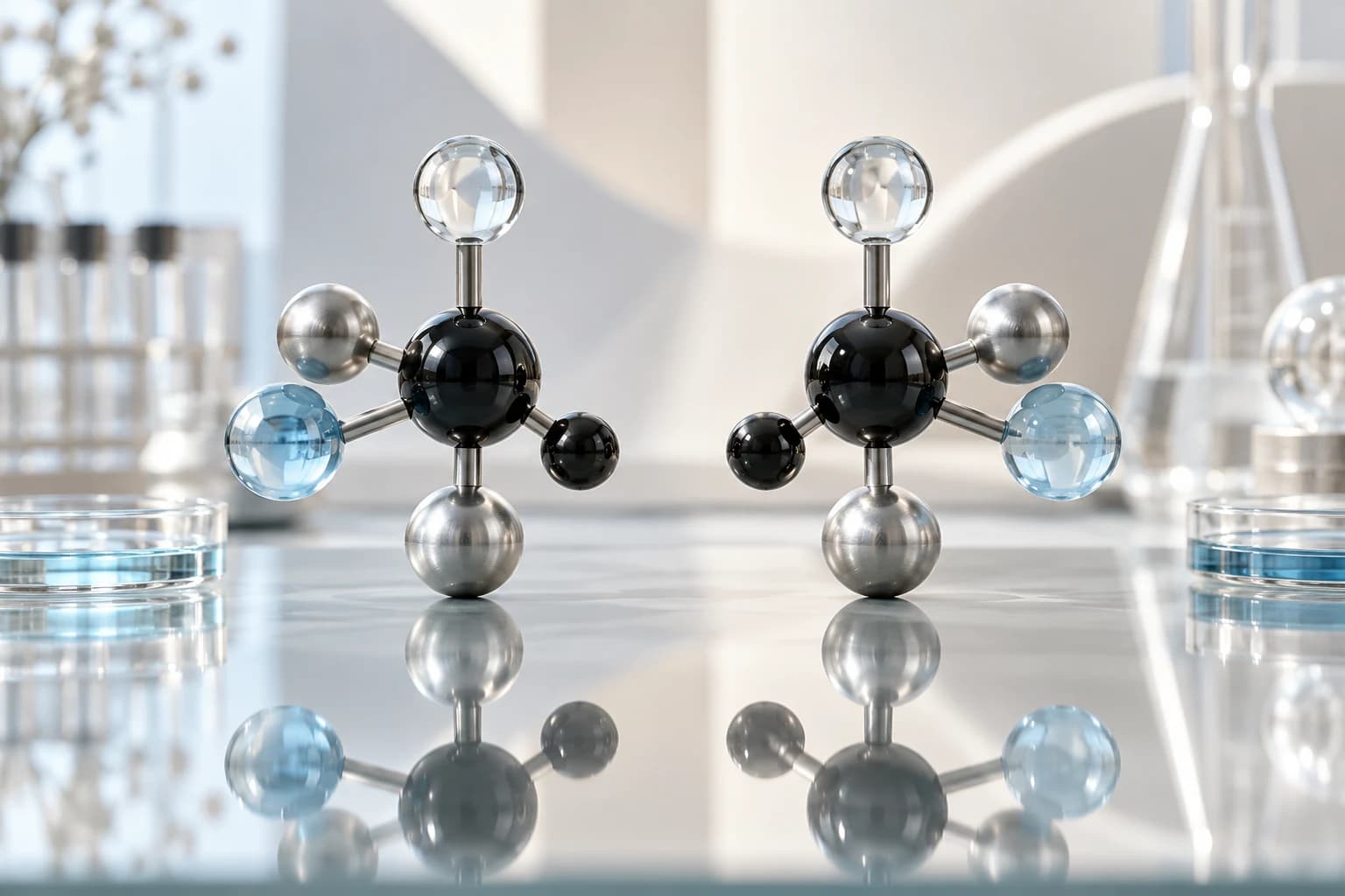 Two mirror-image molecular bead sculptures placed symmetrically on reflective glass.