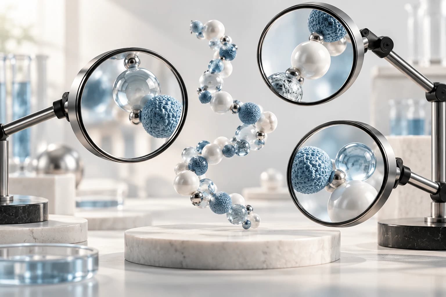 Three distinct measurement lenses surrounding one abstract molecular bead chain.