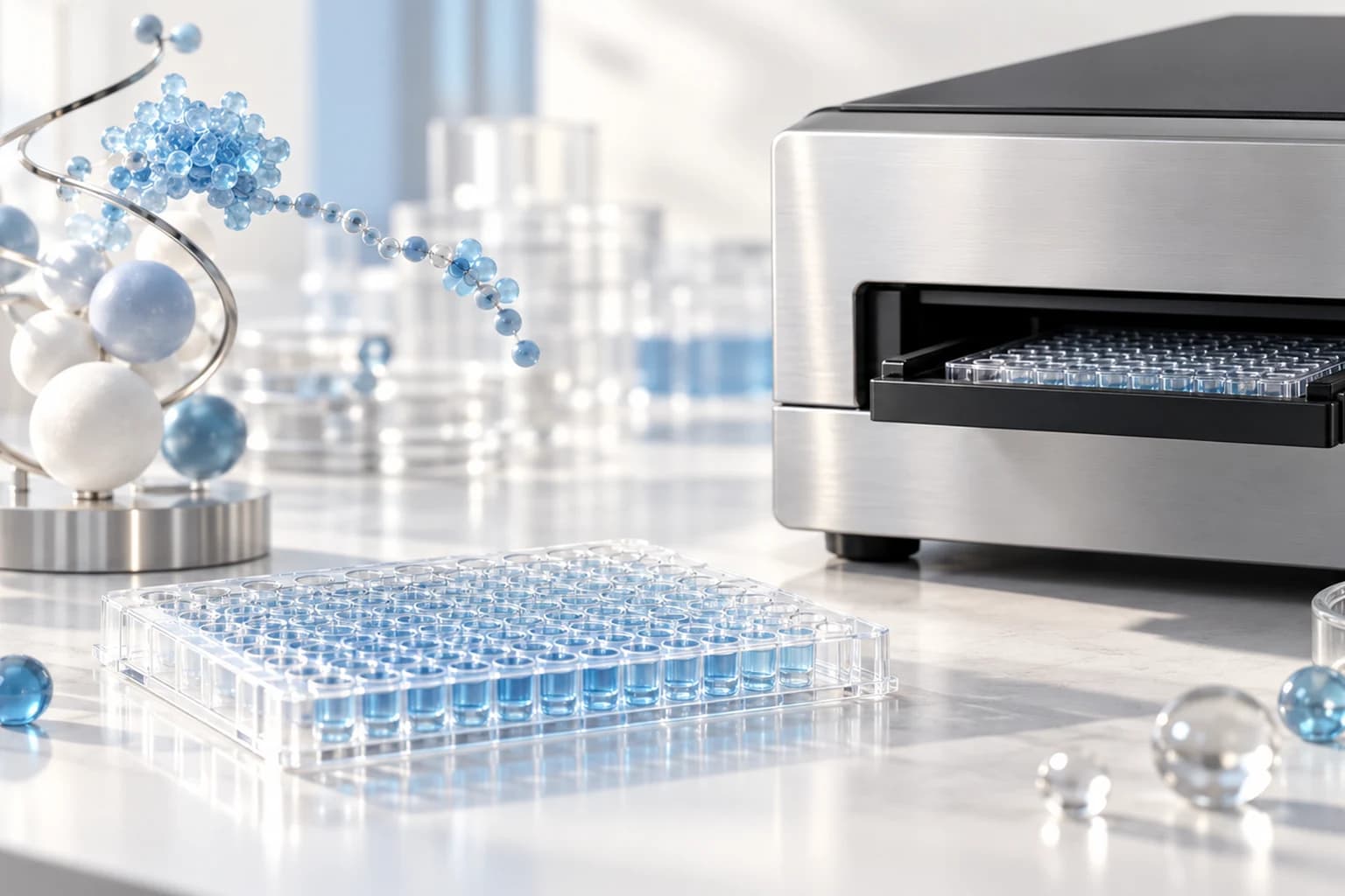 Cell culture microplate beside abstract signaling beads and a silver plate reader.