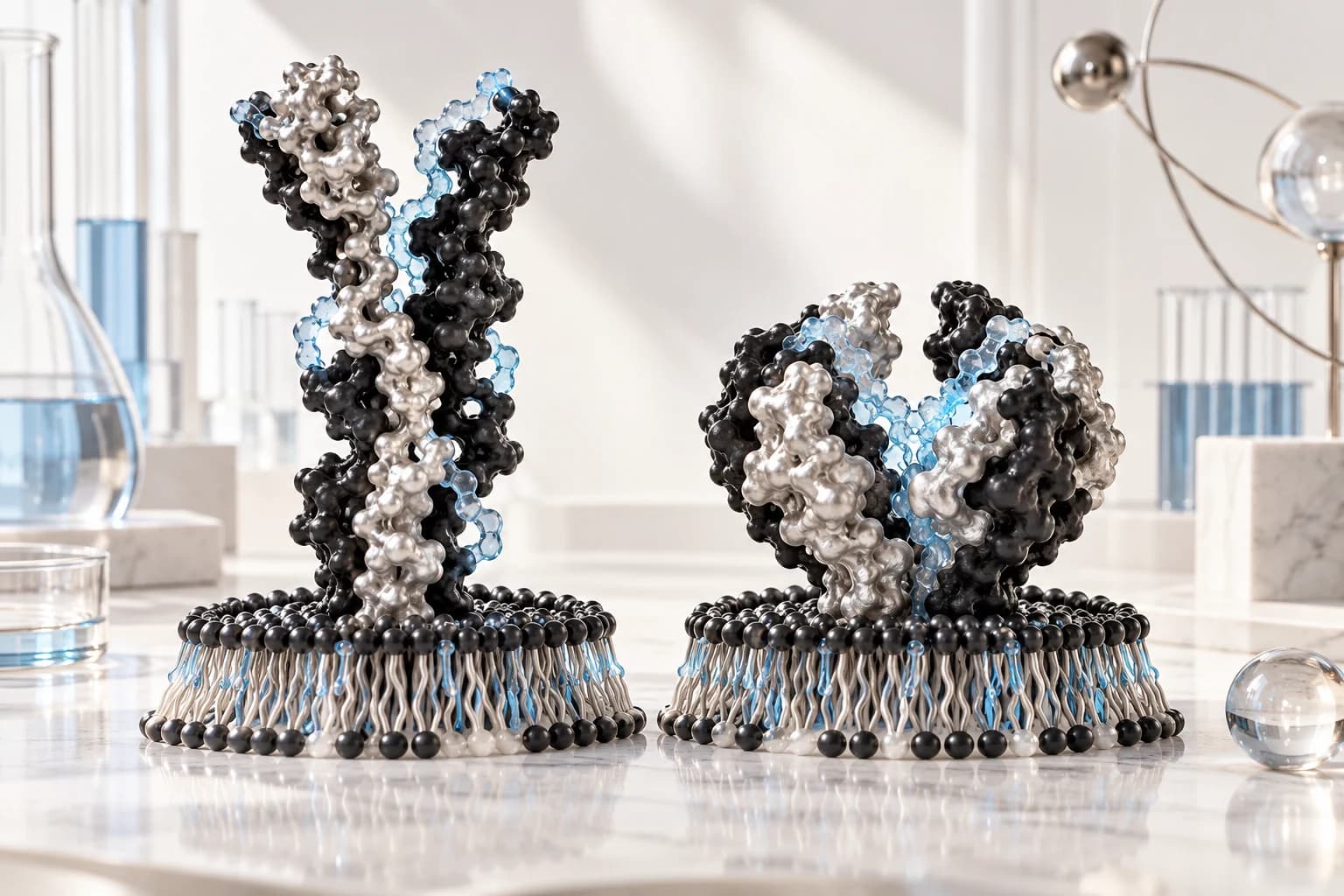 Two separate membrane receptor sculptures, one taller one rounded, equal emphasis.