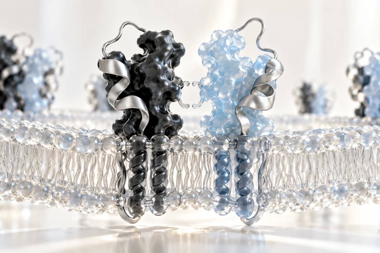 Membrane-like translucent surface with paired sculptural receptor components in black silver and pale blue.