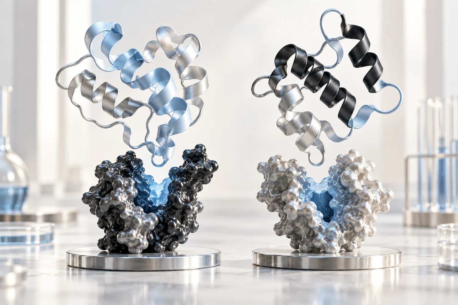 Two distinct abstract peptide ribbon sculptures above two separate receptor-like forms, equal visual weight.