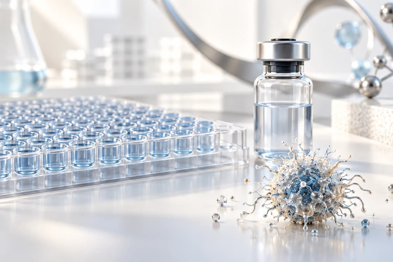 Microplate and reagent vial with a separate subtle conceptual contaminant particle in the foreground.