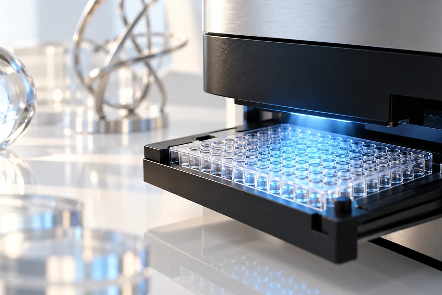Microplate reader with a soft pale blue optical reflection across a transparent microplate.