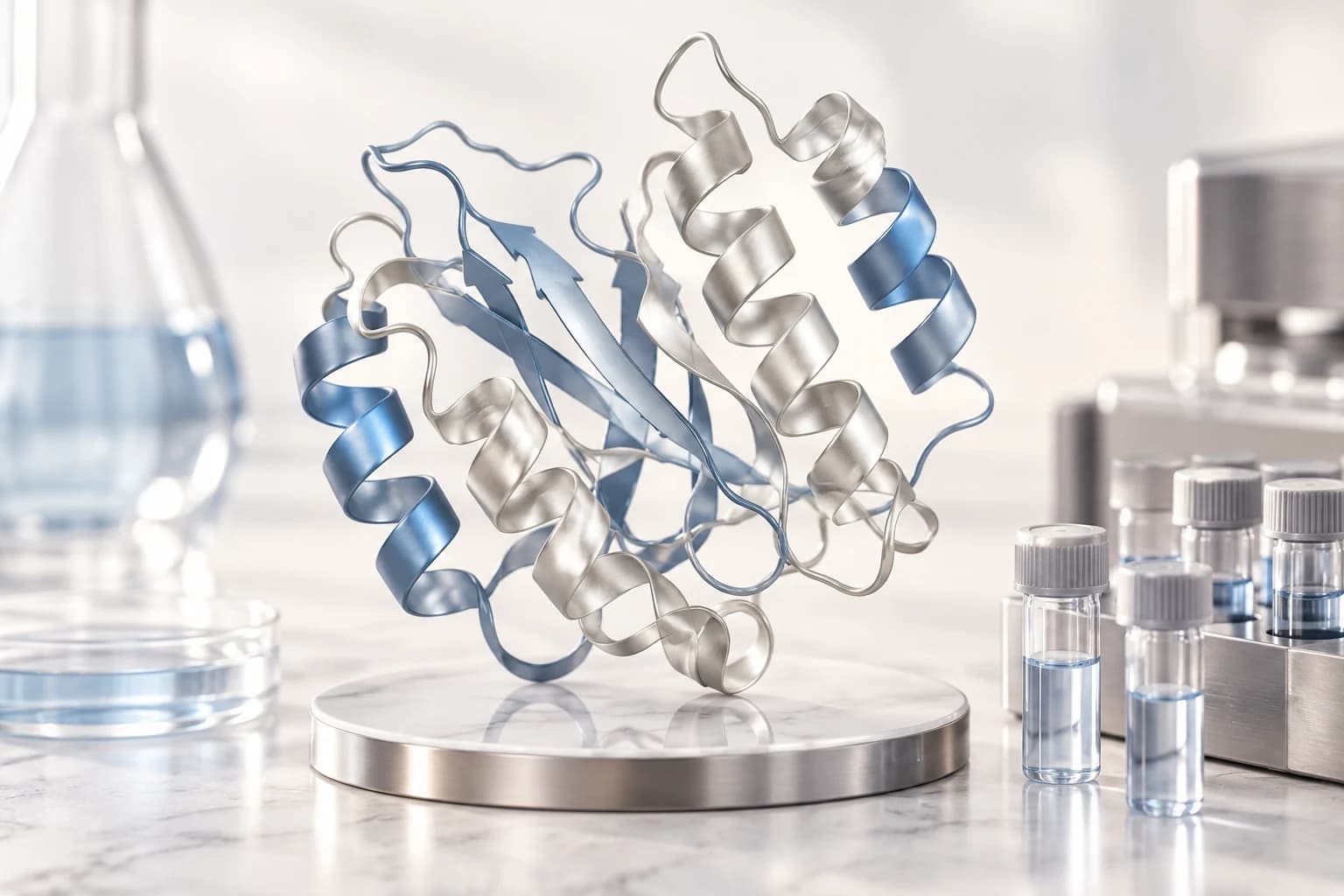 Ribbon-like protein sculpture with subtle blue and silver regions beside sample tubes.
