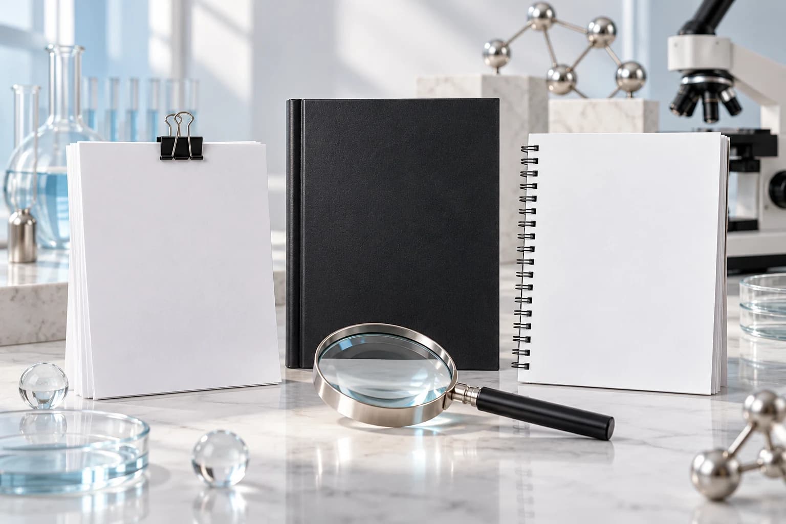 Three blank scientific document types arranged with a magnifier on a clean desk.