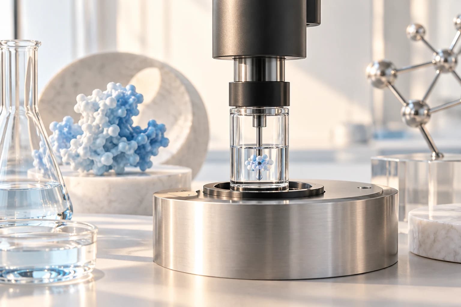 Silver calorimeter with glass sample cell and small bead cluster, warm subtle lighting.