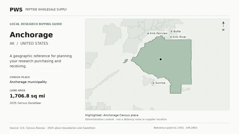 Map of the Anchorage municipality Census place boundary in AK, with nearby Census places for receiving-address planning.