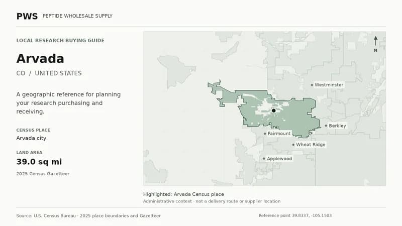 Map of the Arvada city Census place boundary in CO, with nearby Census places for receiving-address planning.