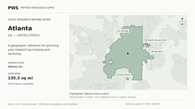 Map of the Atlanta city Census place boundary in GA, with nearby Census places for receiving-address planning.