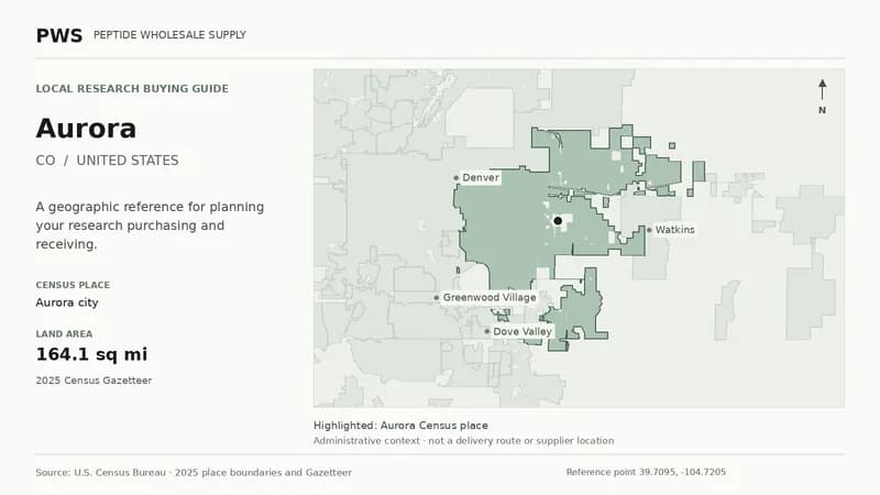 Map of the Aurora city Census place boundary in CO, with nearby Census places for receiving-address planning.