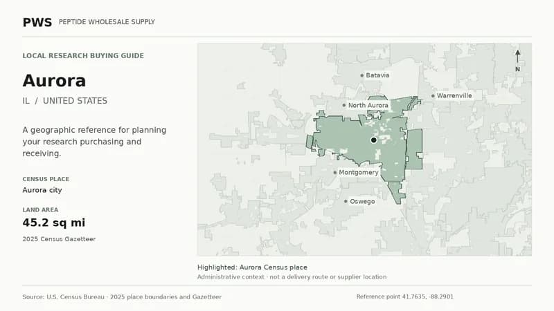 Map of the Aurora city Census place boundary in IL, with nearby Census places for receiving-address planning.