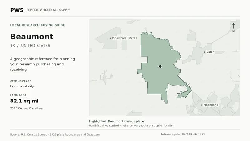 Map of the Beaumont city Census place boundary in TX, with nearby Census places for receiving-address planning.
