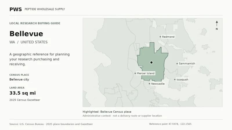 Map of the Bellevue city Census place boundary in WA, with nearby Census places for receiving-address planning.