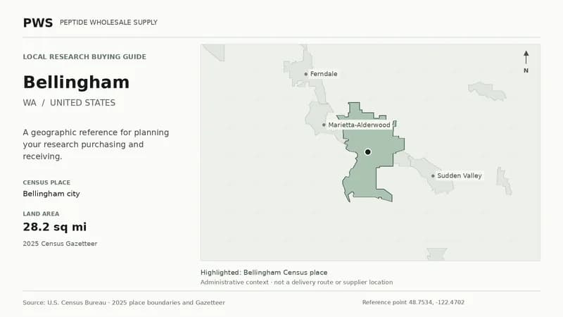Map of the Bellingham city Census place boundary in WA, with nearby Census places for receiving-address planning.