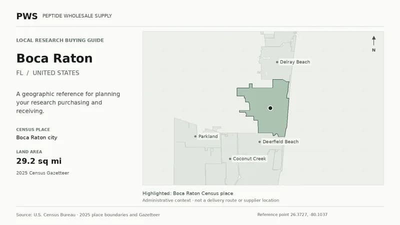 Map of the Boca Raton city Census place boundary in FL, with nearby Census places for receiving-address planning.