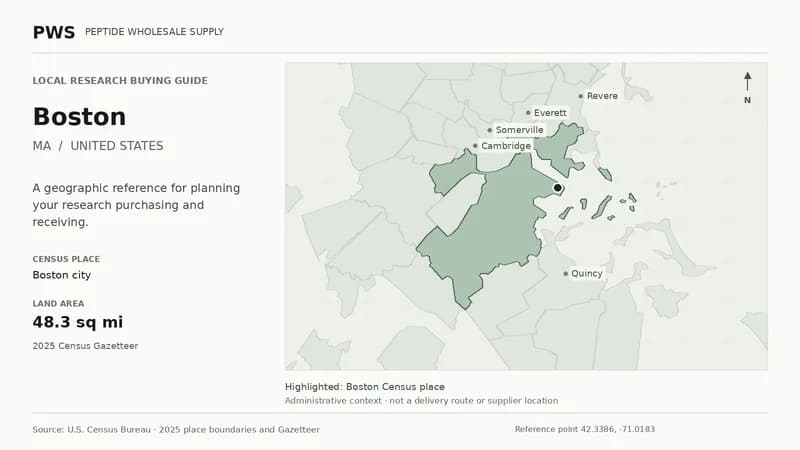Map of the Boston city Census place boundary in MA, with nearby Census places for receiving-address planning.
