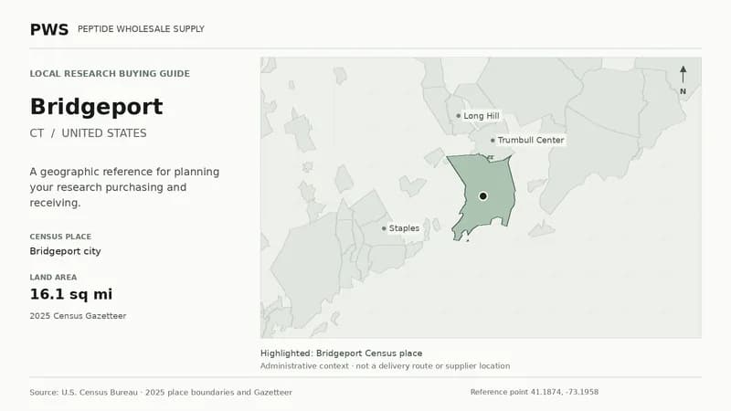 Map of the Bridgeport city Census place boundary in CT, with nearby Census places for receiving-address planning.