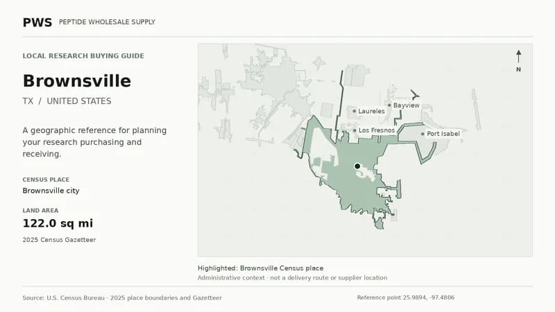 Map of the Brownsville city Census place boundary in TX, with nearby Census places for receiving-address planning.