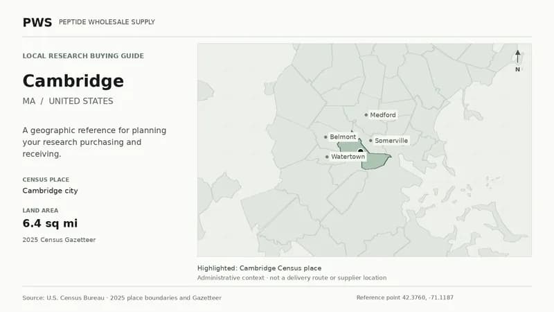 Map of the Cambridge city Census place boundary in MA, with nearby Census places for receiving-address planning.