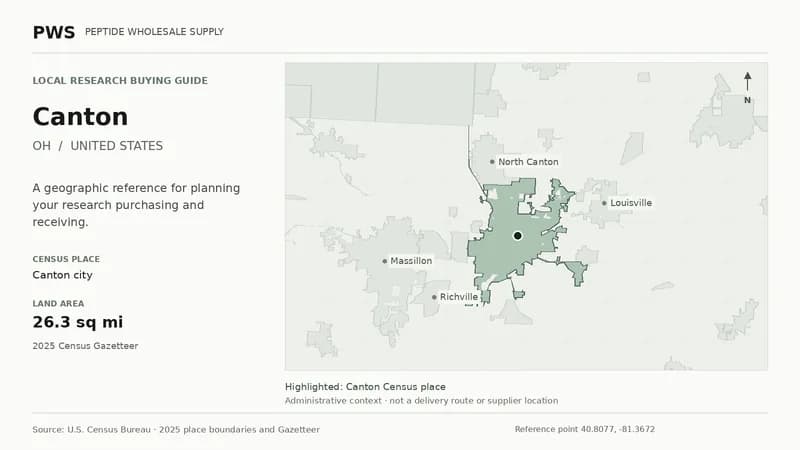 Map of the Canton city Census place boundary in OH, with nearby Census places for receiving-address planning.