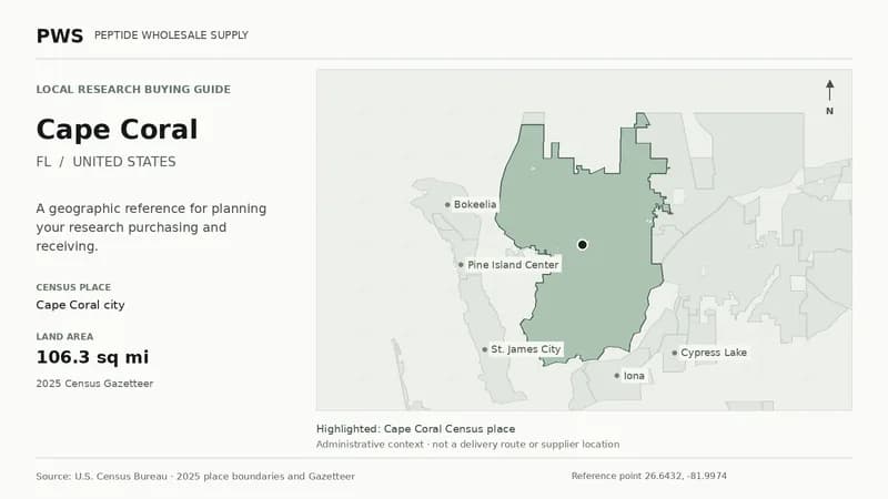 Map of the Cape Coral city Census place boundary in FL, with nearby Census places for receiving-address planning.