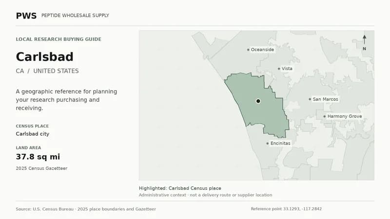 Map of the Carlsbad city Census place boundary in CA, with nearby Census places for receiving-address planning.