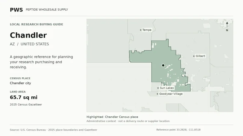 Map of the Chandler city Census place boundary in AZ, with nearby Census places for receiving-address planning.