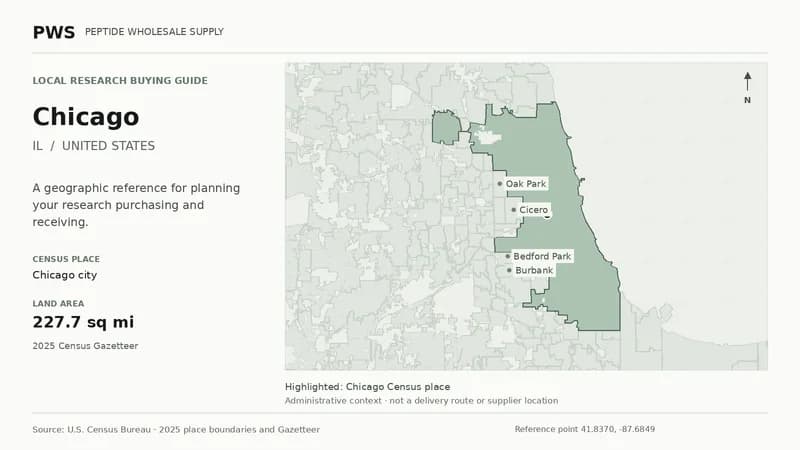 Map of the Chicago city Census place boundary in IL, with nearby Census places for receiving-address planning.