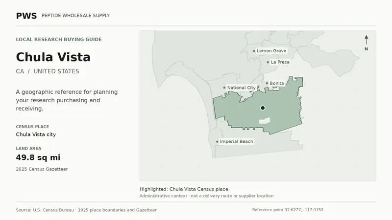 Map of the Chula Vista city Census place boundary in CA, with nearby Census places for receiving-address planning.