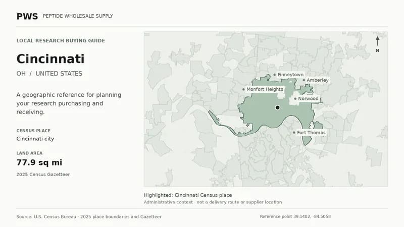 Map of the Cincinnati city Census place boundary in OH, with nearby Census places for receiving-address planning.
