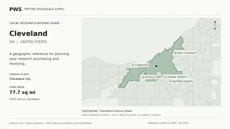 Map of the Cleveland city Census place boundary in OH, with nearby Census places for receiving-address planning.
