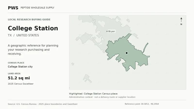 Map of the College Station city Census place boundary in TX, with nearby Census places for receiving-address planning.
