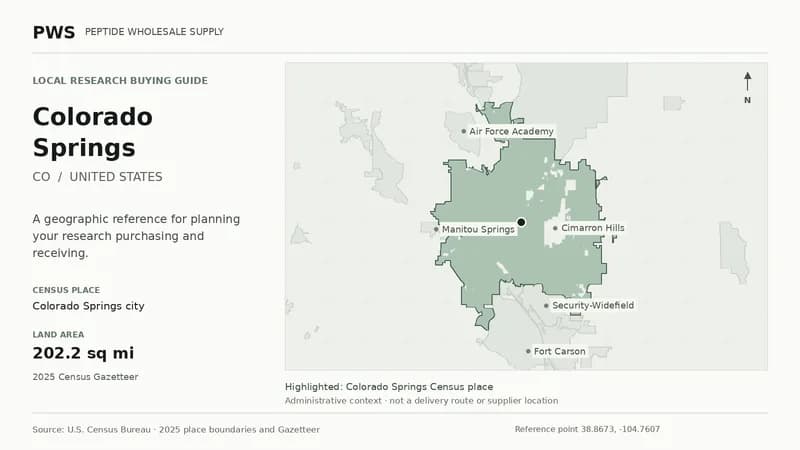 Map of the Colorado Springs city Census place boundary in CO, with nearby Census places for receiving-address planning.