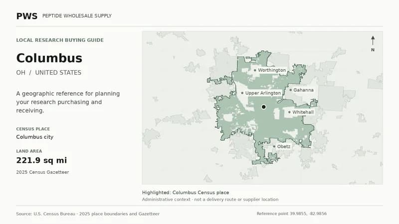Map of the Columbus city Census place boundary in OH, with nearby Census places for receiving-address planning.
