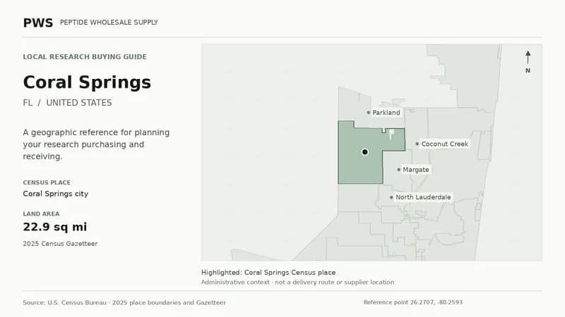 Map of the Coral Springs city Census place boundary in FL, with nearby Census places for receiving-address planning.