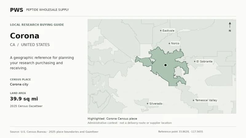 Map of the Corona city Census place boundary in CA, with nearby Census places for receiving-address planning.