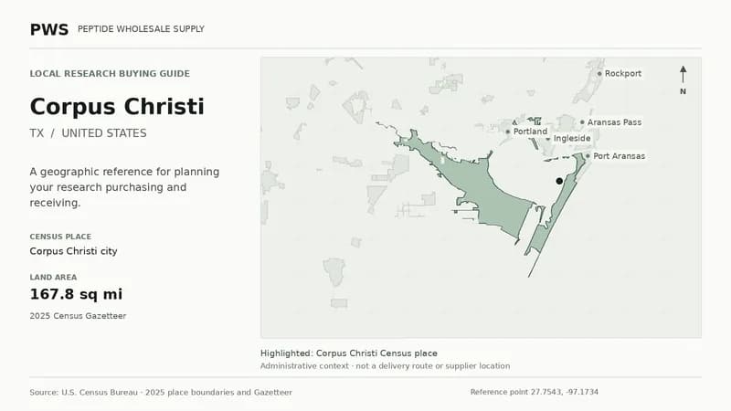 Map of the Corpus Christi city Census place boundary in TX, with nearby Census places for receiving-address planning.