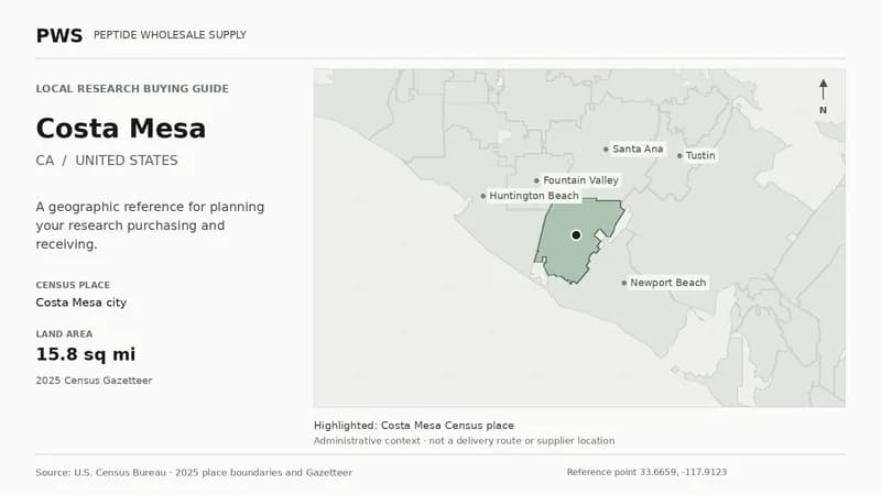 Map of the Costa Mesa city Census place boundary in CA, with nearby Census places for receiving-address planning.