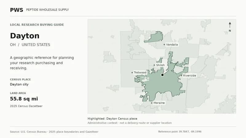 Map of the Dayton city Census place boundary in OH, with nearby Census places for receiving-address planning.